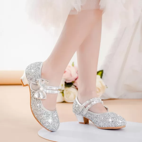 imageGirls Dress Shoes Girls Heel Flower Girl Shoes Girls Low Heel Pump Glitter Princess Heels Birthday Christmas Wedding Party Shoes for Toddler Little Big KidsPearl Sequins Silver