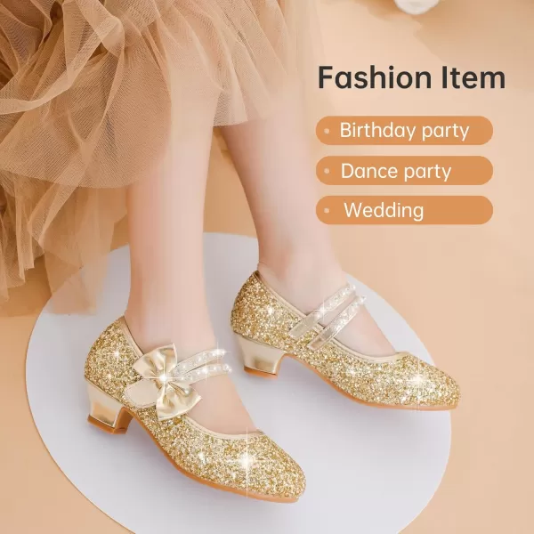 imageGirls Dress Shoes Girls Heel Flower Girl Shoes Girls Low Heel Pump Glitter Princess Heels Birthday Christmas Wedding Party Shoes for Toddler Little Big KidsPearl Sequins Gold