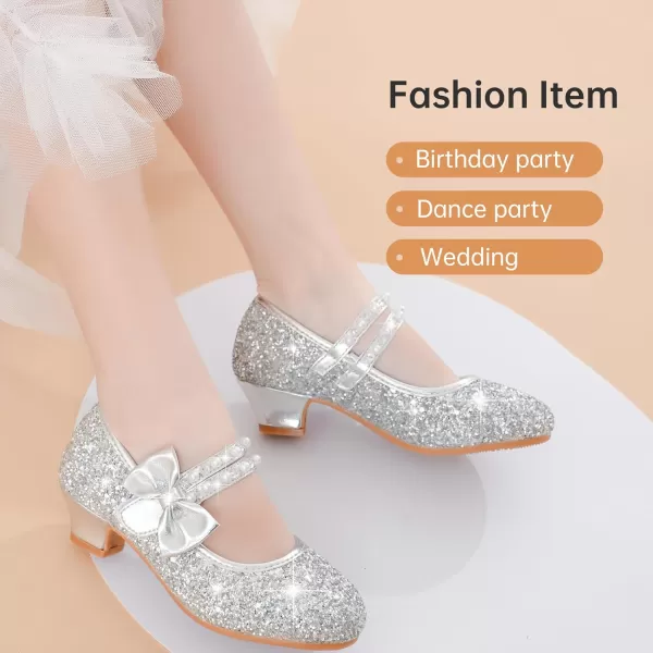 imageGirls Dress Shoes Girls Heel Flower Girl Shoes Girls Low Heel Pump Glitter Princess Heels Birthday Christmas Wedding Party Shoes for Toddler Little Big KidsPearl Sequins Silver