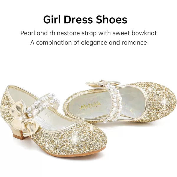 imageGirls Dress Shoes Girls Heel Flower Girl Shoes Girls Low Heel Pump Glitter Princess Heels Birthday Christmas Wedding Party Shoes for Toddler Little Big KidsPearl Sequins Gold