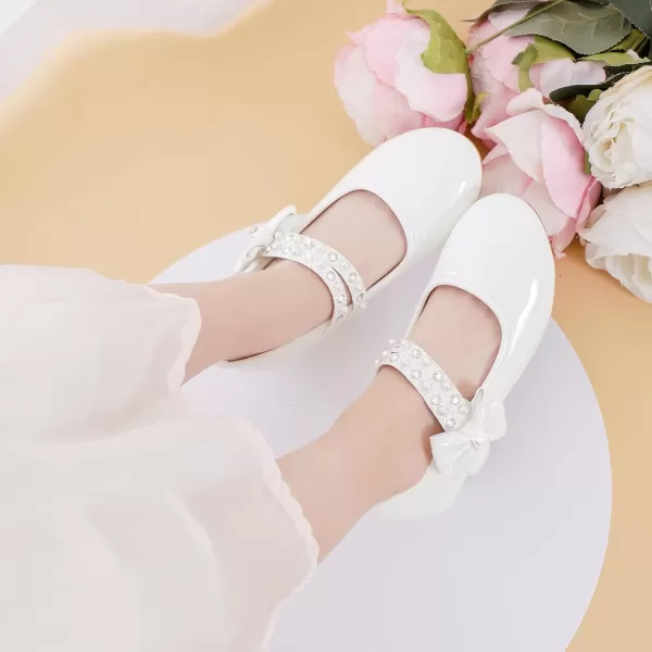 imageGirls Dress Shoes Girls Heel Flower Girl Shoes Girls Low Heel Pump Glitter Princess Heels Birthday Christmas Wedding Party Shoes for Toddler Little Big KidsPearl Patent White