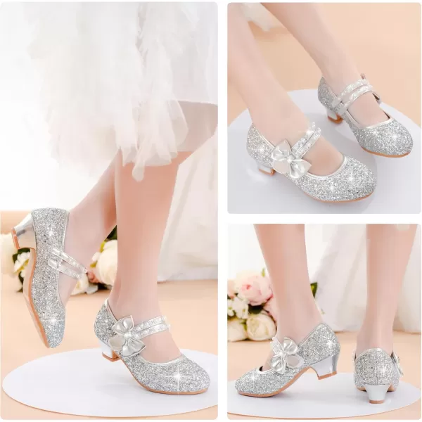 imageGirls Dress Shoes Girls Heel Flower Girl Shoes Girls Low Heel Pump Glitter Princess Heels Birthday Christmas Wedding Party Shoes for Toddler Little Big KidsPearl Sequins Silver