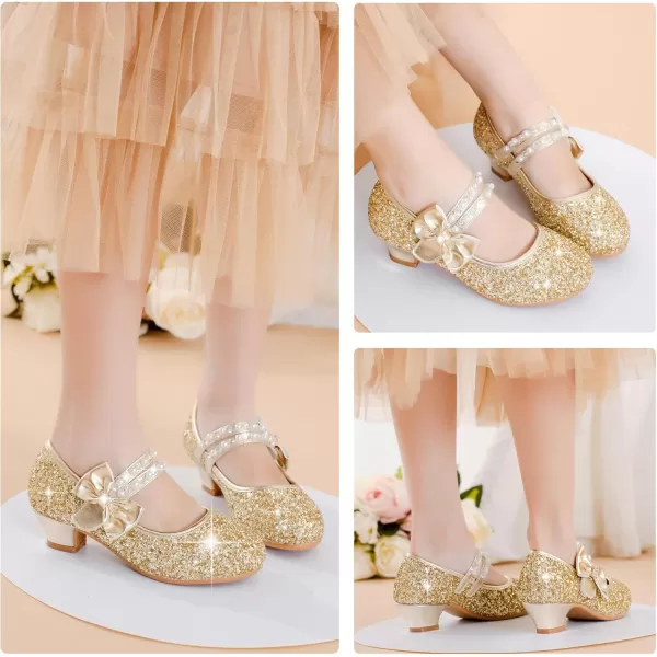 imageGirls Dress Shoes Girls Heel Flower Girl Shoes Girls Low Heel Pump Glitter Princess Heels Birthday Christmas Wedding Party Shoes for Toddler Little Big KidsPearl Sequins Gold