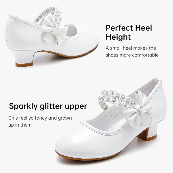 imageGirls Dress Shoes Girls Heel Flower Girl Shoes Girls Low Heel Pump Glitter Princess Heels Birthday Christmas Wedding Party Shoes for Toddler Little Big KidsPearl Patent White