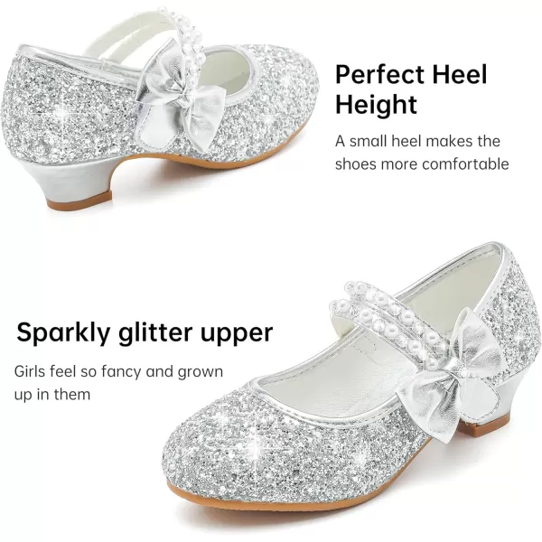 imageGirls Dress Shoes Girls Heel Flower Girl Shoes Girls Low Heel Pump Glitter Princess Heels Birthday Christmas Wedding Party Shoes for Toddler Little Big KidsPearl Sequins Silver