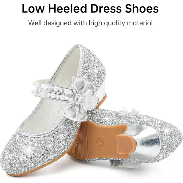 imageGirls Dress Shoes Girls Heel Flower Girl Shoes Girls Low Heel Pump Glitter Princess Heels Birthday Christmas Wedding Party Shoes for Toddler Little Big KidsPearl Sequins Silver
