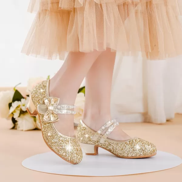imageGirls Dress Shoes Girls Heel Flower Girl Shoes Girls Low Heel Pump Glitter Princess Heels Birthday Christmas Wedding Party Shoes for Toddler Little Big KidsPearl Sequins Gold