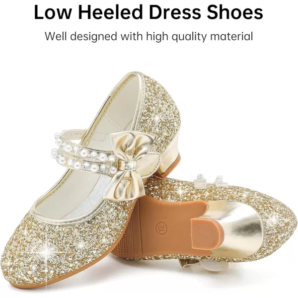 imageGirls Dress Shoes Girls Heel Flower Girl Shoes Girls Low Heel Pump Glitter Princess Heels Birthday Christmas Wedding Party Shoes for Toddler Little Big KidsPearl Sequins Gold