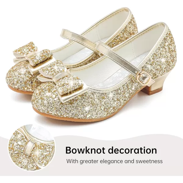 imageGirls Dress Shoes Glitter Princess Shoes Flower Girls Heels Birthday Christmas Wedding Party for Toddler Little Big KidBow Sequins Gold