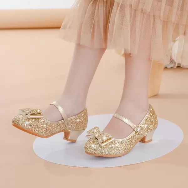 imageGirls Dress Shoes Glitter Princess Shoes Flower Girls Heels Birthday Christmas Wedding Party for Toddler Little Big KidBow Sequins Gold