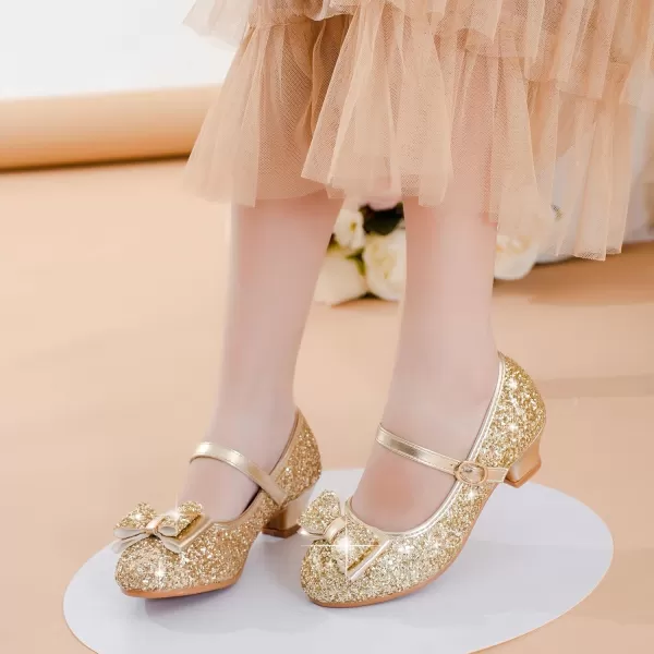 imageGirls Dress Shoes Glitter Princess Shoes Flower Girls Heels Birthday Christmas Wedding Party for Toddler Little Big KidBow Sequins Gold