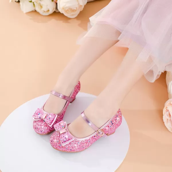 imageGirls Dress Shoes Glitter Princess Shoes Flower Girls Heels Birthday Christmas Wedding Party for Toddler Little Big KidBow Sequins Pink