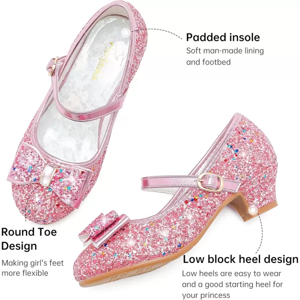 imageGirls Dress Shoes Glitter Princess Shoes Flower Girls Heels Birthday Christmas Wedding Party for Toddler Little Big KidBow Sequins Pink