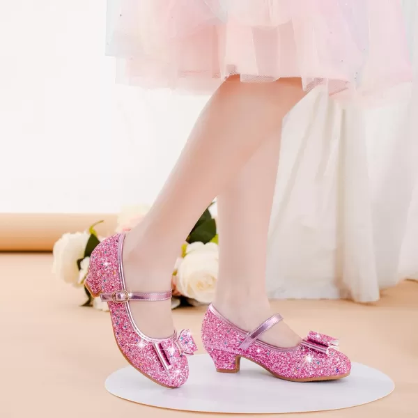 imageGirls Dress Shoes Glitter Princess Shoes Flower Girls Heels Birthday Christmas Wedding Party for Toddler Little Big KidBow Sequins Pink