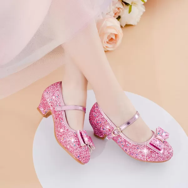 imageGirls Dress Shoes Glitter Princess Shoes Flower Girls Heels Birthday Christmas Wedding Party for Toddler Little Big KidBow Sequins Pink