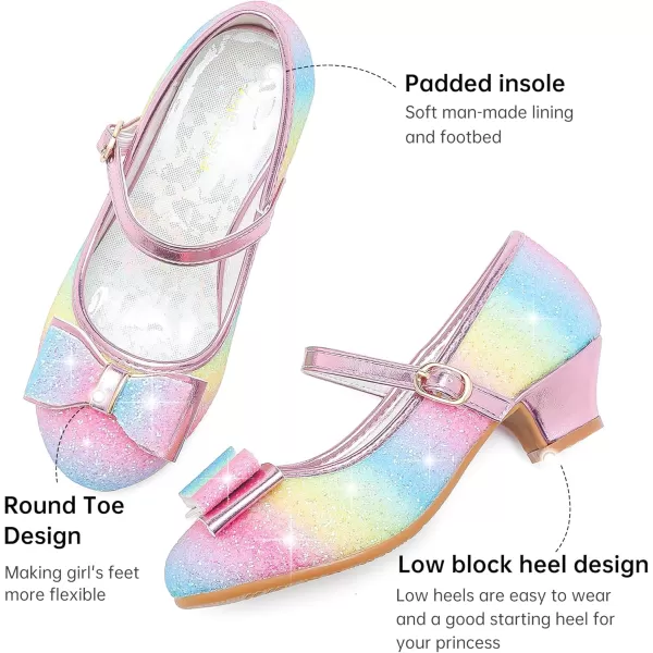 imageGirls Dress Shoes Glitter Princess Shoes Flower Girls Heels Birthday Christmas Wedding Party for Toddler Little Big KidBow Sequins Rainbow