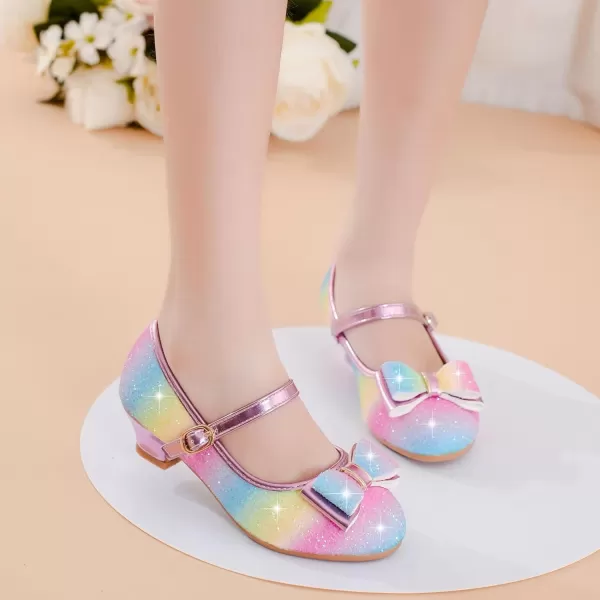 imageGirls Dress Shoes Glitter Princess Shoes Flower Girls Heels Birthday Christmas Wedding Party for Toddler Little Big KidBow Sequins Rainbow