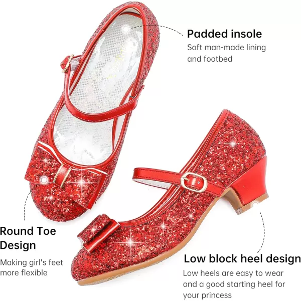 imageGirls Dress Shoes Glitter Princess Shoes Flower Girls Heels Birthday Christmas Wedding Party for Toddler Little Big KidBow Sequins Red