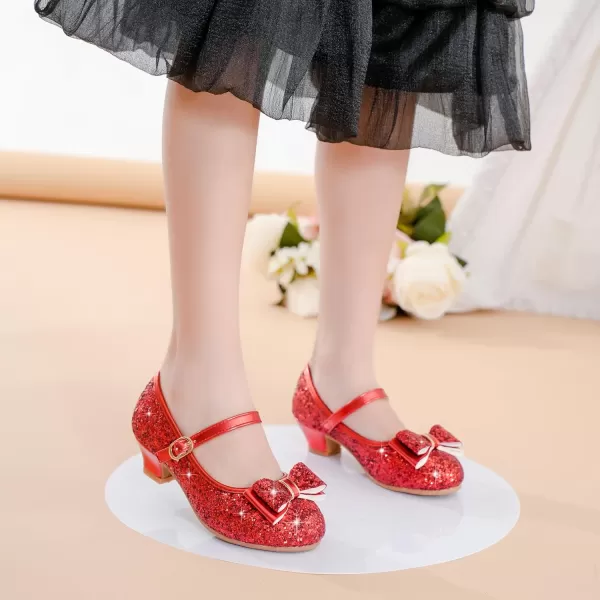 imageGirls Dress Shoes Glitter Princess Shoes Flower Girls Heels Birthday Christmas Wedding Party for Toddler Little Big KidBow Sequins Red