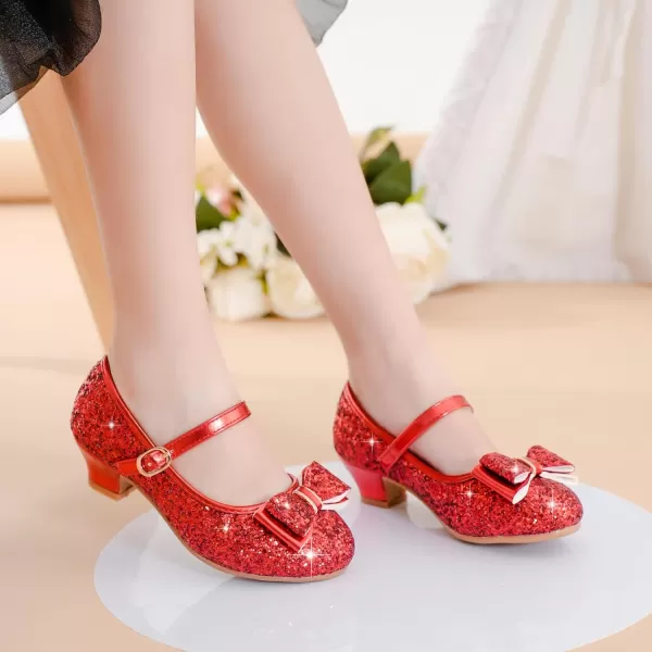 imageGirls Dress Shoes Glitter Princess Shoes Flower Girls Heels Birthday Christmas Wedding Party for Toddler Little Big KidBow Sequins Red