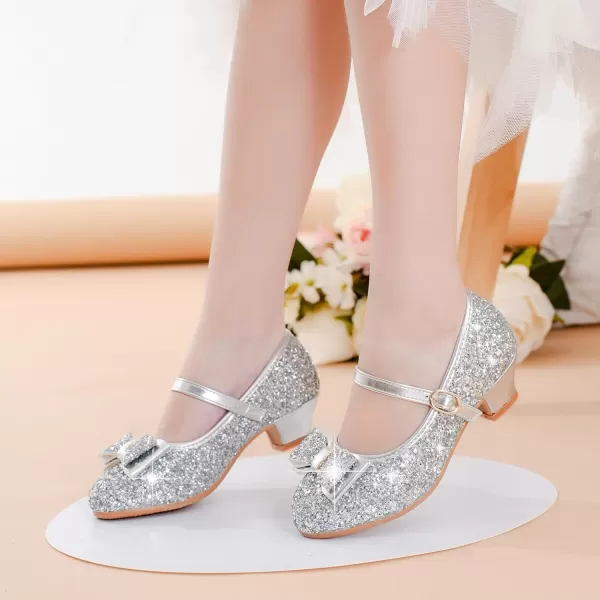 imageGirls Dress Shoes Glitter Princess Shoes Flower Girls Heels Birthday Christmas Wedding Party for Toddler Little Big KidBow Sequins Silver