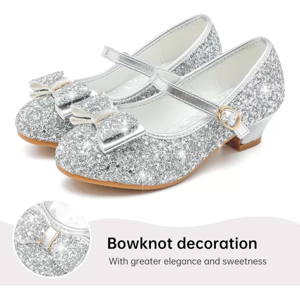 imageGirls Dress Shoes Glitter Princess Shoes Flower Girls Heels Birthday Christmas Wedding Party for Toddler Little Big KidBow Sequins Silver