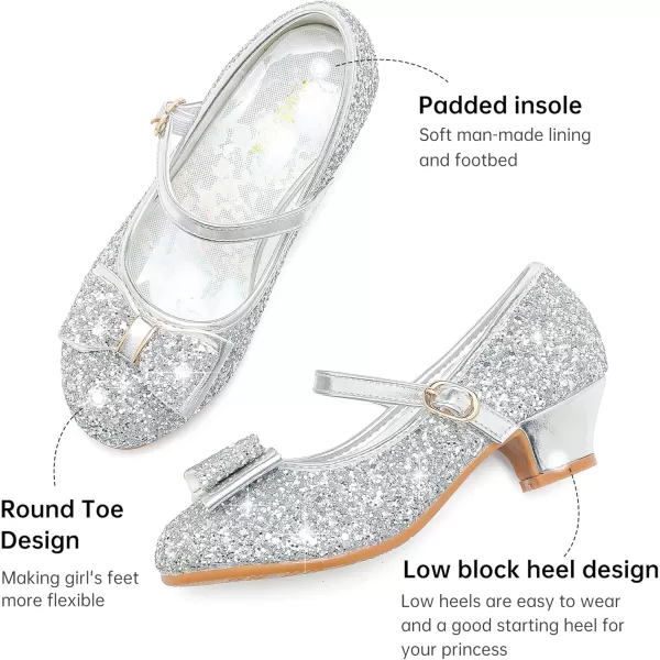 imageGirls Dress Shoes Glitter Princess Shoes Flower Girls Heels Birthday Christmas Wedding Party for Toddler Little Big KidBow Sequins Silver