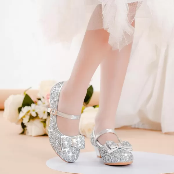 imageGirls Dress Shoes Glitter Princess Shoes Flower Girls Heels Birthday Christmas Wedding Party for Toddler Little Big KidBow Sequins Silver