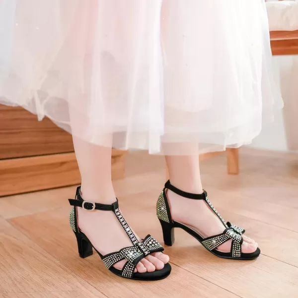 imageGirls Heel Sandals Dress Pump Open Toe T Strap Rhinestone Sandals Wedding Party Prom Shoes Little Big KidsBlack