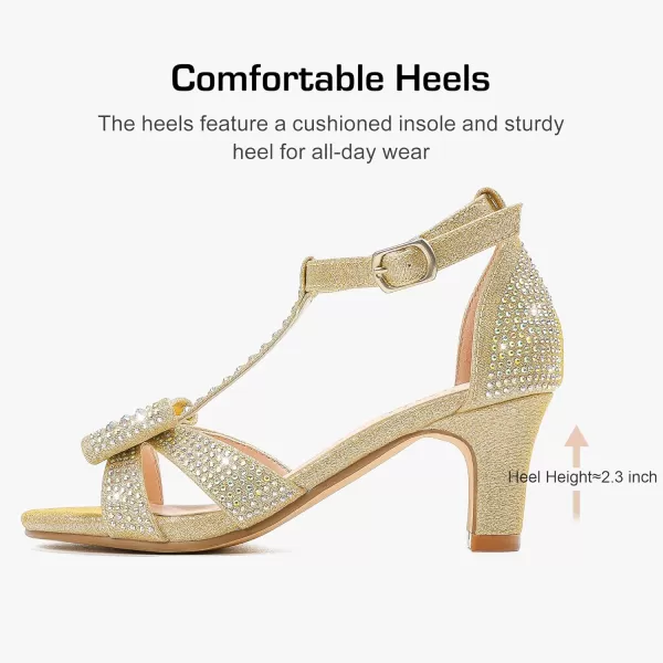 imageGirls Heel Sandals Dress Pump Open Toe T Strap Rhinestone Sandals Wedding Party Prom Shoes Little Big KidsGold