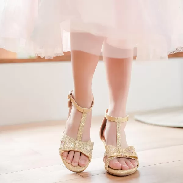 imageGirls Heel Sandals Dress Pump Open Toe T Strap Rhinestone Sandals Wedding Party Prom Shoes Little Big KidsGold