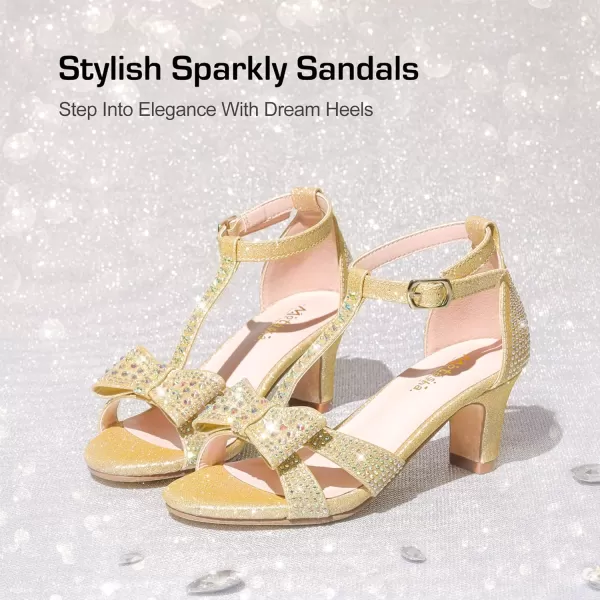 imageGirls Heel Sandals Dress Pump Open Toe T Strap Rhinestone Sandals Wedding Party Prom Shoes Little Big KidsGold
