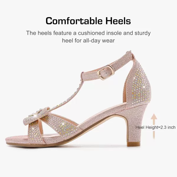 imageGirls Heel Sandals Dress Pump Open Toe T Strap Rhinestone Sandals Wedding Party Prom Shoes Little Big KidsRose Gold