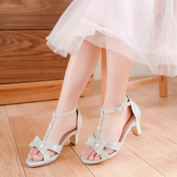 imageGirls Heel Sandals Dress Pump Open Toe T Strap Rhinestone Sandals Wedding Party Prom Shoes Little Big KidsSilver