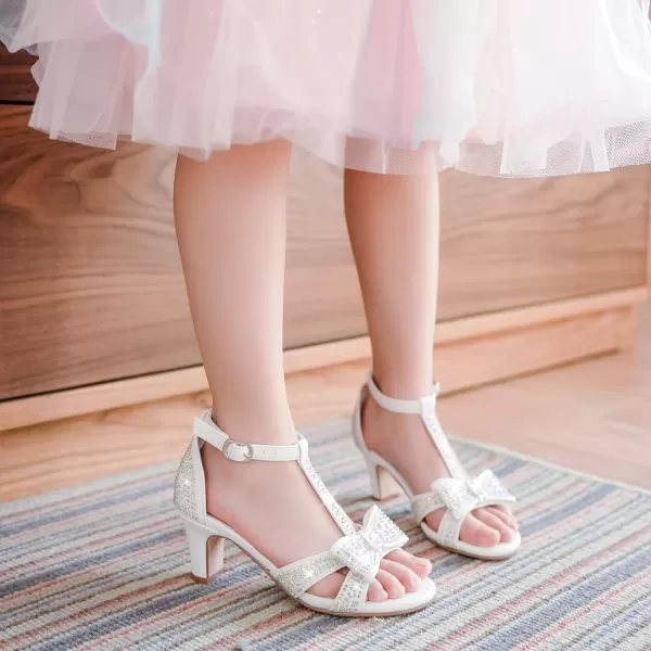 imageGirls Heel Sandals Dress Pump Open Toe T Strap Rhinestone Sandals Wedding Party Prom Shoes Little Big KidsWhite