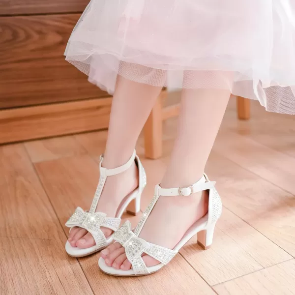imageGirls Heel Sandals Dress Pump Open Toe T Strap Rhinestone Sandals Wedding Party Prom Shoes Little Big KidsWhite