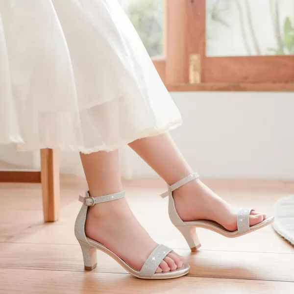 imageGirls Heel Sandals Open Toe Ankle Strap Flower Girl Dress Pump Sandals Wedding Party for Little Big KidGlitter Silver
