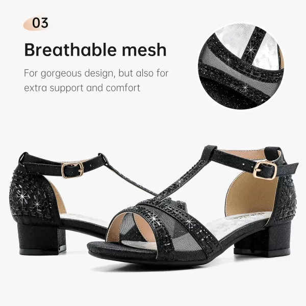 imageGirls Sandals Low Heel Dress Pump Open Toe T Strap Rhinestone Sandals Wedding Party Prom Shoes Little Big KidsTstrap Black
