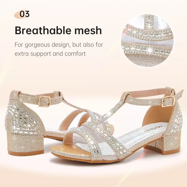 imageGirls Sandals Low Heel Dress Pump Open Toe T Strap Rhinestone Sandals Wedding Party Prom Shoes Little Big KidsTstrap Champagne