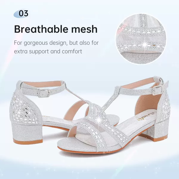 imageGirls Sandals Low Heel Dress Pump Open Toe T Strap Rhinestone Sandals Wedding Party Prom Shoes Little Big KidsTstrap Silver