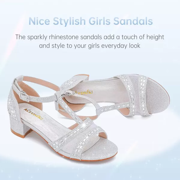 imageGirls Sandals Low Heel Dress Pump Open Toe T Strap Rhinestone Sandals Wedding Party Prom Shoes Little Big KidsTstrap Silver