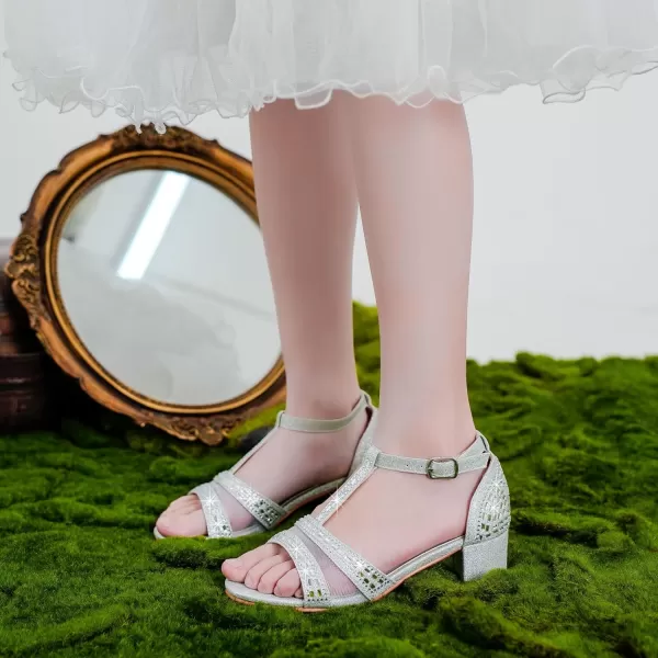 imageGirls Sandals Low Heel Dress Pump Open Toe T Strap Rhinestone Sandals Wedding Party Prom Shoes Little Big KidsTstrap Silver