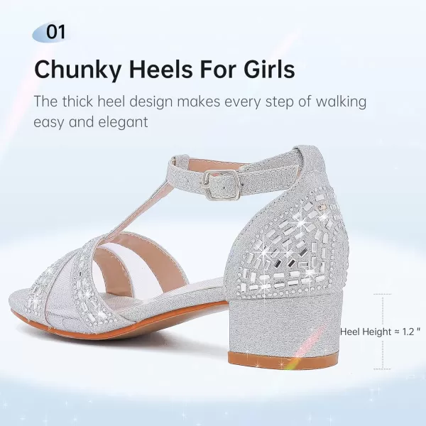 imageGirls Sandals Low Heel Dress Pump Open Toe T Strap Rhinestone Sandals Wedding Party Prom Shoes Little Big KidsTstrap Silver