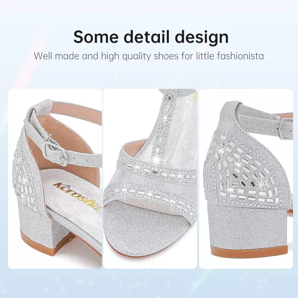 imageGirls Sandals Low Heel Dress Pump Open Toe T Strap Rhinestone Sandals Wedding Party Prom Shoes Little Big KidsTstrap Silver