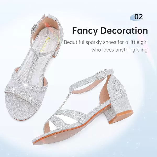 imageGirls Sandals Low Heel Dress Pump Open Toe T Strap Rhinestone Sandals Wedding Party Prom Shoes Little Big KidsTstrap Silver