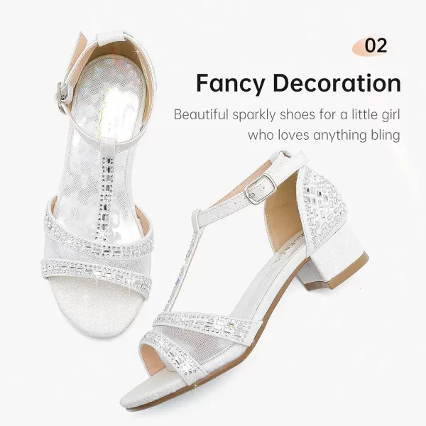 imageGirls Sandals Low Heel Dress Pump Open Toe T Strap Rhinestone Sandals Wedding Party Prom Shoes Little Big KidsTstrap White