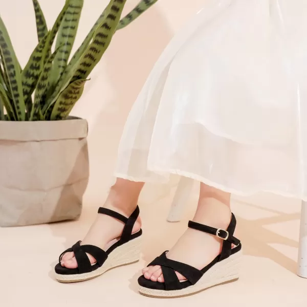 imageGirls Wedge Sandals Espadrilles Flatform Open Toe Ankle Strap Dressy Girls Heels Summer Shoes Little Big KidBlack