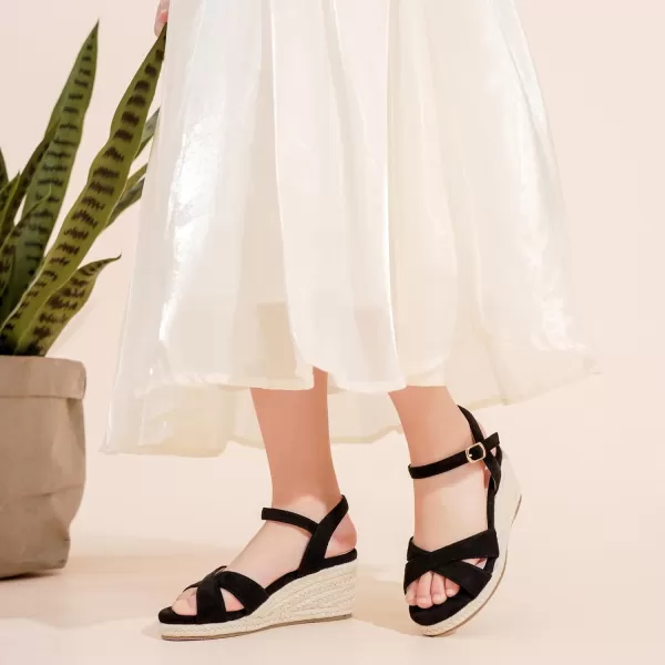imageGirls Wedge Sandals Espadrilles Flatform Open Toe Ankle Strap Dressy Girls Heels Summer Shoes Little Big KidBlack