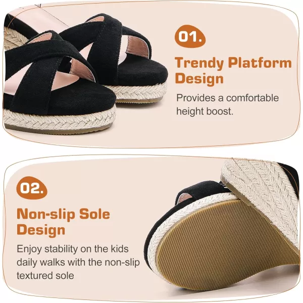 imageGirls Wedge Sandals Espadrilles Flatform Open Toe Ankle Strap Dressy Girls Heels Summer Shoes Little Big KidBlack