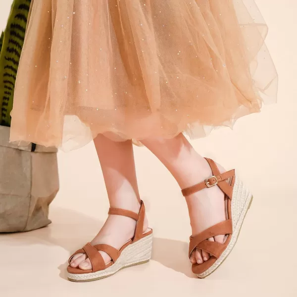 imageGirls Wedge Sandals Espadrilles Flatform Open Toe Ankle Strap Dressy Girls Heels Summer Shoes Little Big KidBrown